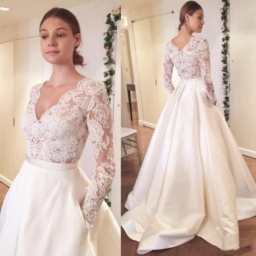 2019 New Vintage Cheap Wedding Dresses V Neck Long Sleeve Lace Applique A Line Bridal Gowns Plus Size Satin Wedding Dress Custom