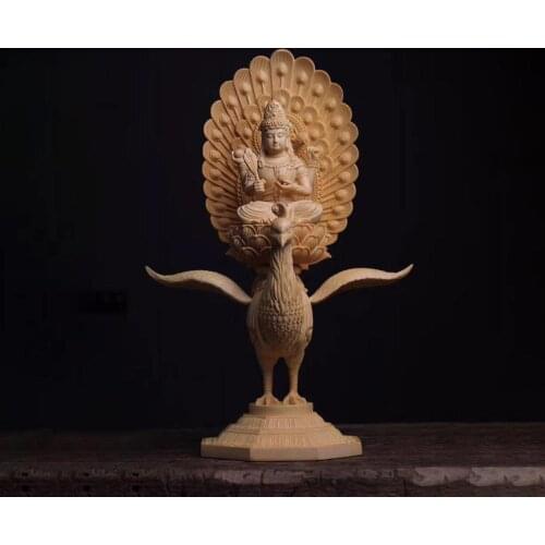 38cm Mahamayuri Figure Cypress Wood Buddha Statue Peacock Maha-mayuri-vidya-rajni Buddha Sculpture Home Decor