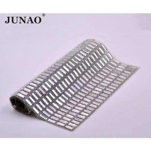 JUNAO 5*15mm Hotfix Clear Glass Rhinestones Mesh Trim Crystal Fabric Appliques Iron On Strass Banding for DIY Dress Shoes