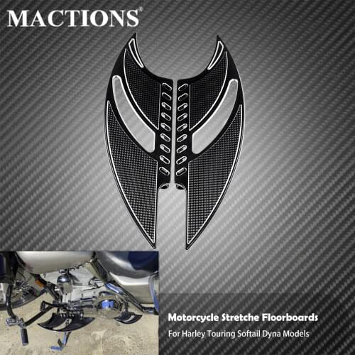 Black CNC Tomahawk Front Driver Stretche Floorboards Foot Rests For Harley Touring Softail FL Dyna FLD 1986-2015 Models