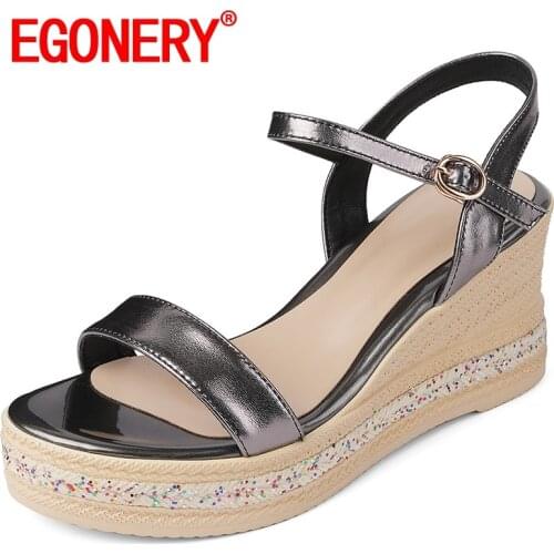 EGONERY Women summer Fashion Leisure Slope Heel Sandals Genuine Leather Round Toe New Style Concise Comfortable office lady