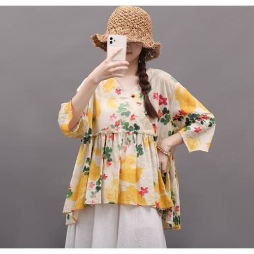 Edible Tree Fungus Patchwork Vintage T Shirts Loose Tops Print Floral Cotton Linen Loose Summer T Shirt Women Casual T-shirt