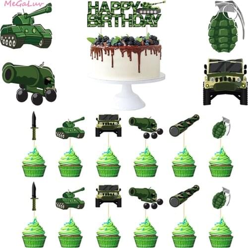Camouflage Theme Ddecoration For Baby Boy kids Happy Birthday Cake Topper Tank ailplane Cupcake Flag Military theme DIY Supplies