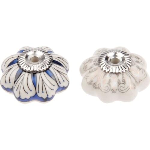 Ceramic Pumpkin Knob Pull Flower Handle 40*25mm Europe Porcelain Vintage White/Blue Cabinet Drawer decor hardware with screws