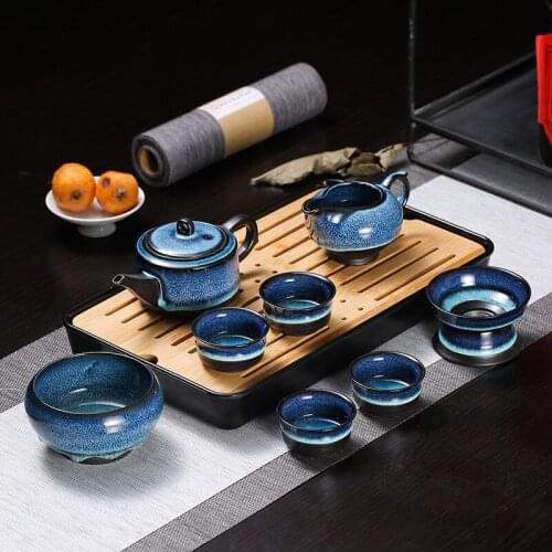 Chinese Tea Set Blue Amber Glaze Ceramic Multicolors Temmoku Glaze Exquisite Set Kung Fu Tea Cup Portable Teapot Gaiwan Tea Cups