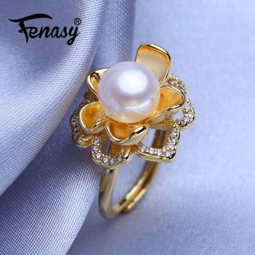 FENASY Natural Freshwater Pearl Rings For Women Adjustable Silver And Gold Color Ring Female Party Wedding Engagement Jewelry