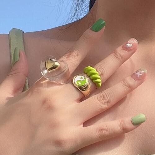 3Pcs/Set Cute Green Lovely Heart Ring Set for Female Trendy Y2K Yin Yang Tai Chi Resin Acrylic Enamel Ring Couple Jewelry 2021