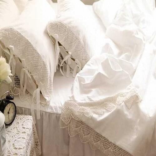 White Princess Bedding Sets Queen King Size 4pcs Solid Wedding Bedspread Bed Set Lace Duvet Cover Bed Skirt Pillowcases Cotton