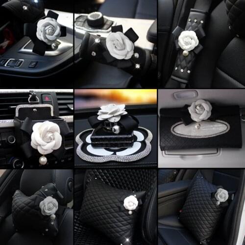 Camellia Flower Leather Car Headrest Pillow Car Waist Cushion Rose Flower Women Car Neck Waist Pillow Universal Girl Car Styling