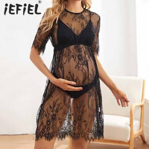 Maternity O-Neck Gown Lace Black&White Dresses Fancy Shooting Photo Pregnant Women See Through Dress Photography Props Clothing