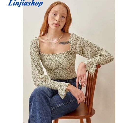 Spring Summer Floral Print Camis France Slim Women Tank Top Summer Elegant Green Elastic Tube Tops