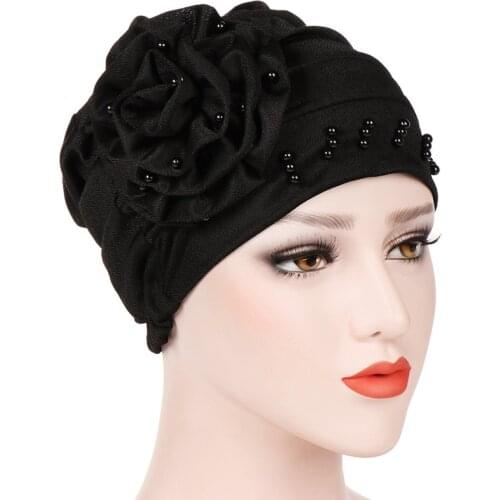 Trendy flower muslim hijab caps solid color wrap head Inner hijabs cotton Beads turban bonnet for women islamic underscarf cap