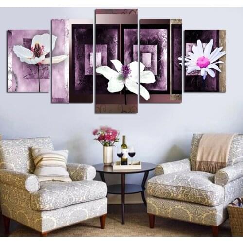 Modular Canvas Pictures Home Decor 5 Pieces White Flower Painting Prints Purple Background Poster Living Room Wall Art No Frame