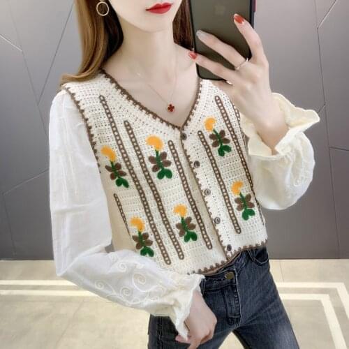 Room 200583 on the 3 row 5 】 to film splicing sleeve v-neck printing knitting cardigan 37