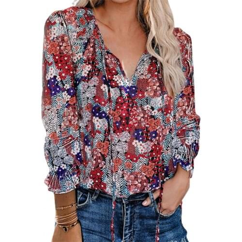 New Autumn Women Shirt Floral Print V Neck Long Sleeve Office Blouses Plus Size Drawstring Chiffon Casual Womens Shirts