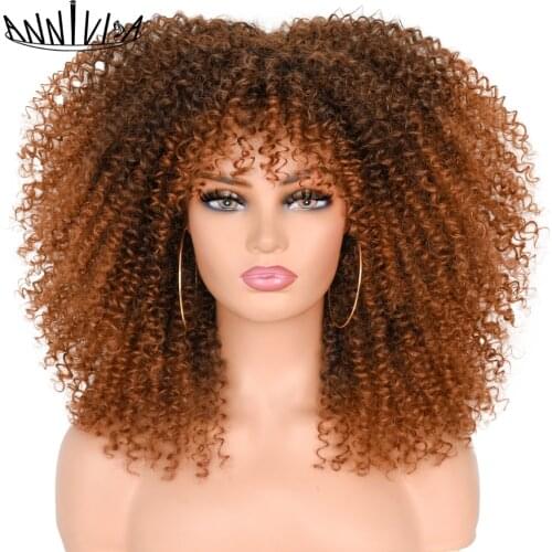 16" Short Hair Afro Kinky Curly Wig With Bangs For Black Women African Synthetic Natural Brown Mixed Blonde Cosplay Wigs Annivia