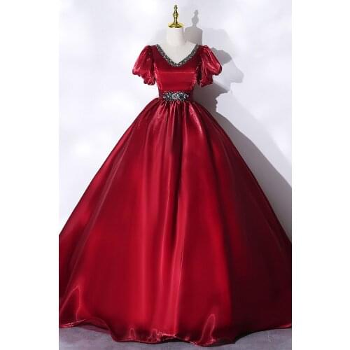 Luxury wine red bubble sleeve rhinestone beading court ball gown royal Medieval Renaissance Victorian dress Belle ball
