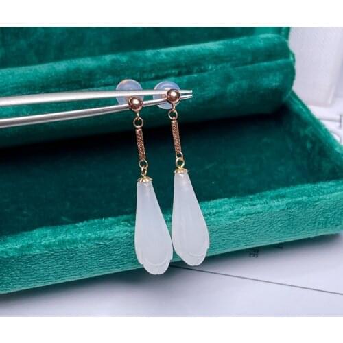 SHILOVEM 18k yellow gold real Natural white Jasper drop earring classic fine Jewelry women wedding gift 8*19mm myme0819665hby
