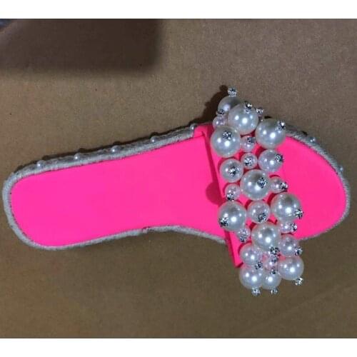 TGHDOF New Fashion Brand Pearl Beaded Slippers Shoes Red Velvet Flat Mules Comfortable Open Toe Women Slides Sandals Summer