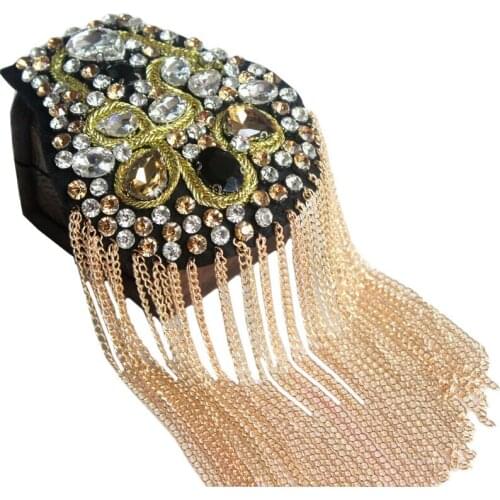 Blazer Shoulder Beaded Tassel Chain Suit Epaulet Punk Fringe Tassel Rhinestones Shoulder Badge for Military Costume Party