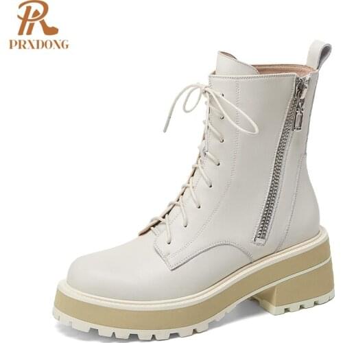 Women Martin Boots 2021 New Autumn Winter Platform Zipper Lace Up Ankle Boots Genuine Leather Female Shoes Leisure Office Party