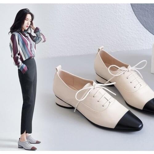 Women pumps Natural leather 22-24.5cm Colorblock English Leather Shoes Inside and outside full leather womens shoes pointed toe