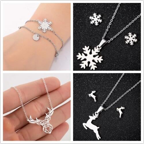 Oly2u Lucky Christmas Winter Wedding Jewelry Sets Stainless Steel Cute Snowflake Deer Coin Necklaces Jewelry Sets for Women
