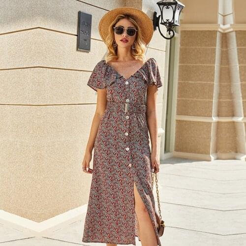 Ladies Casual Fashion Sexy 2021 Spring Summer Dress V Neck Button Short Sleeve Split Print Street Style Womens Dress