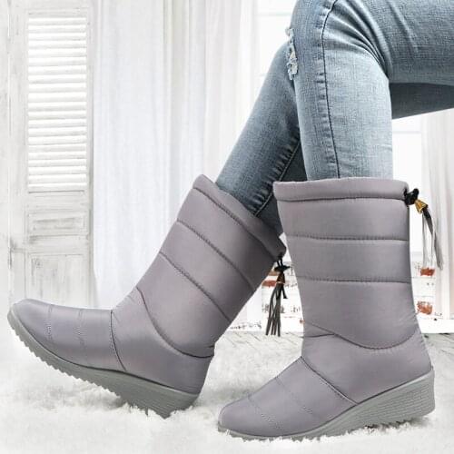 Winter Boots Women Mid-Calf Down Waterproof Boots Ladies Snow Woman Rubber Wedge Fur Warm Black 2021