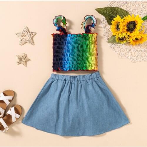 2021 Girl Clothes Outfits Sling Ruched Colorful Rainbow Tops A-line Denim Mini Skirt Ruffle Patchwork Fashion Toddler Clothing