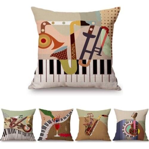 Abstract Hand Drawing Music Instructment Saxophone Guitar Piano Home Decor Sofa Throw Pillow Case Cotton Linen Cushion Cover