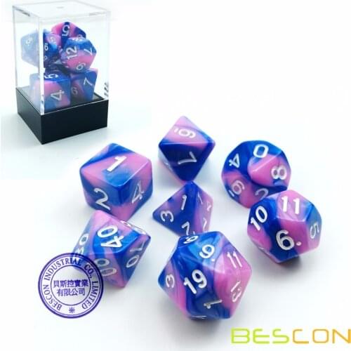 Bescon Gemini Polyhedral Dice Set Myosotis, Two-tone RPG Dice Set of 7 d4 d6 d8 d10 d12 d20 d% Brick Box Pack