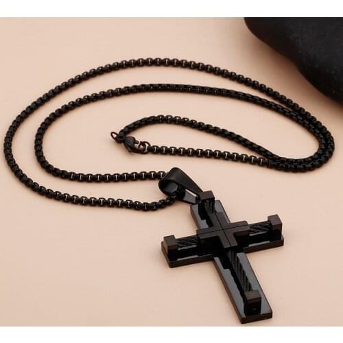 Black Stainless Steel Wire Chain Large Fashion Cross Pendant Necklace Rolo Chain Mens jewelry 24'' Father Gifts Brother Gifts