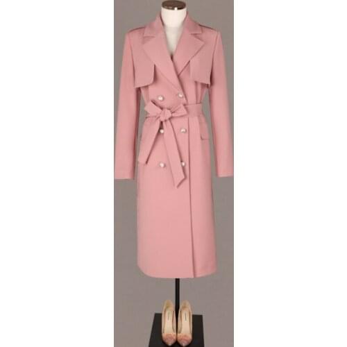 High end designers recommend the new chic fashion trend in autumn 2021. Double row pearl buckle waist windbreaker coat for women