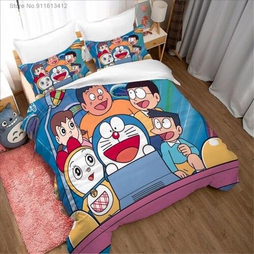 Cartoon Bedding Set Doraemon Kids Children Polyester Anime Manga Quilt Cover Twin Queen King Cute Duvet Cover Plaid Bedclothes