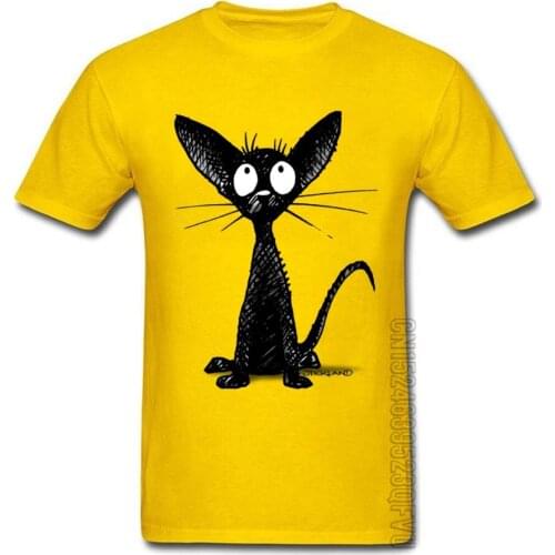 Hallowmas Little Black Cat Mens Autumn T Shirts Pure Cotton Funny T Shirts Comics Tops Tees Short Sleeve Yellow Funny Tshirts
