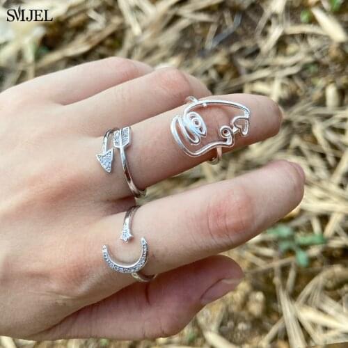 New Simple Fashion Crystal Arrow Rings Jewelry Not Allergic Trendy Crescent Moon Star Human Face Women Love Opening Rings Gifts