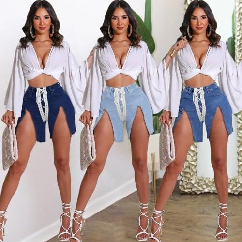Plus Size Streetwear Shorts Bandage Split Summer Cotton Girls Ladies Denim Shorts Jeans High Waist Cool Short Feminino Chic