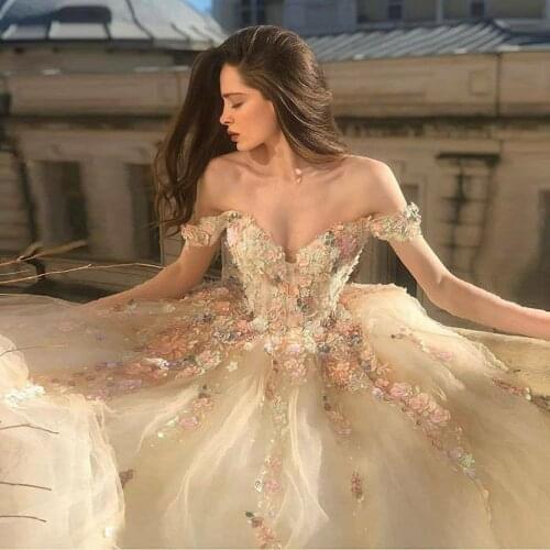 Pretty Long Prom Dress Applique Flowers Off The Shoulder Sweetheart Tulle Ball Gown Women Formal Evening Party Elegant Gowns