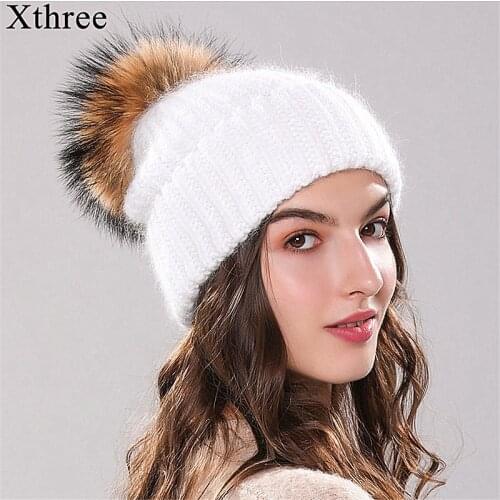 Xthree 70% Angola Rabbit fur knitted hat with real fur pom pom hat Skullie beanie winter hat for women girl 's hat female cap