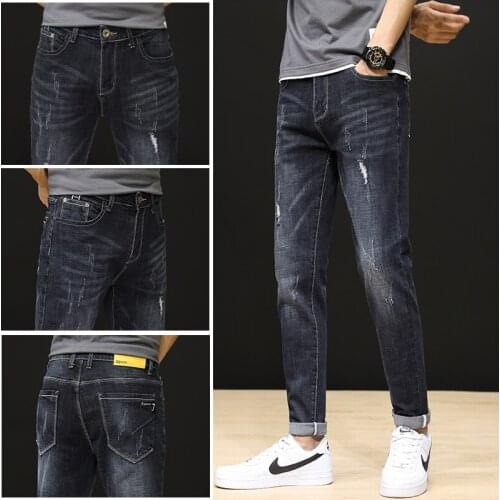 Stretch Ripped Jeans Mens European American Mens Trousers Slim Feet 2021 Spring Summer Mens Trousers Foreign Trade Trousers