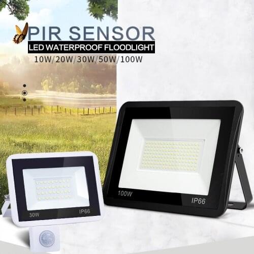 Black White LED Floodlight PIR Motion Sensor 220V 10W 20W 30W 50W 100W Outdoor Lamp Waterproof IP66 Spotlight Courtyard Footpath
