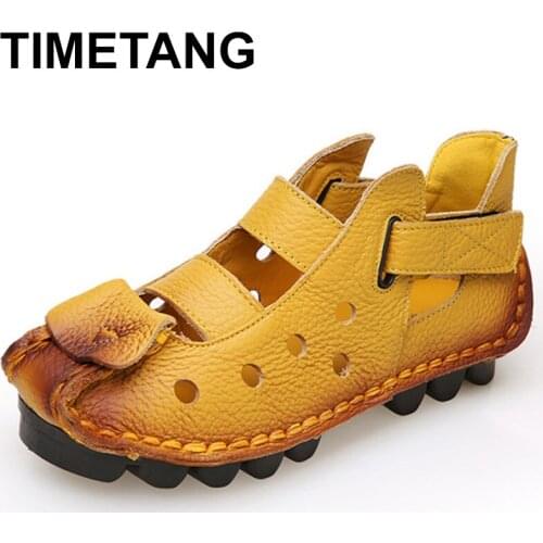 TIMETANG Handmade Cut-outs Genuine Leather Shoes Women Personality Casual Women Sandals Tunnel Vintage Summer Sandals Shoes C317