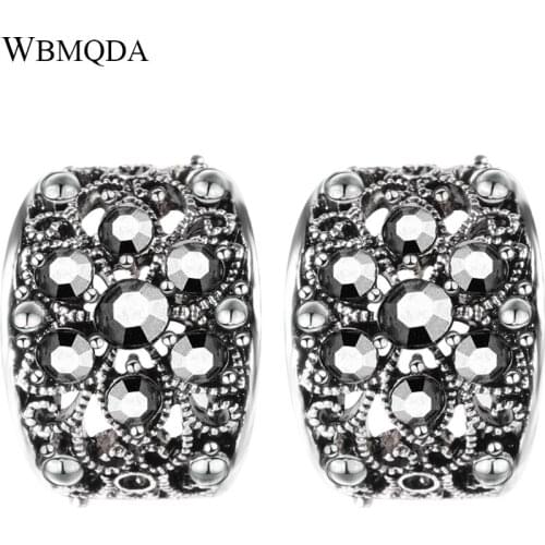 Fashion Black Crystal Stud Earrings For Women Unique Silver Color Hollow Flower Pattern Earings Vintage Punk Jewelry