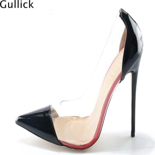 Hot Selling Black Thin High Heels Woman Stilleto Pumps Transparent PVC Patchwork Shoes Pointed Toe Woman Party Dress Shoes