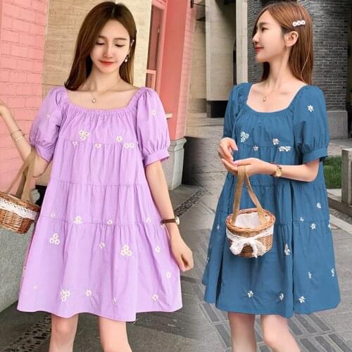 1063# Maternity Clothes Summer Cotton Short Sleeve Loose Stylish Embroidery Dress for Pregnant Women Mom Dress