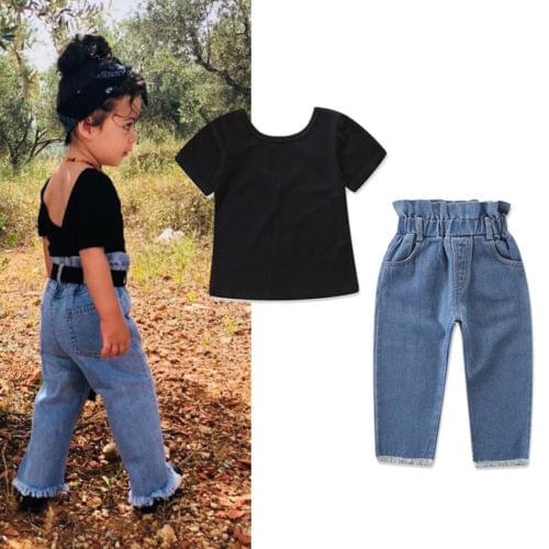 2PCS Toddler Kids Baby Girl Casual T-shirt Tops + Denim Pants Clothes Outfits Set Size 2-6T