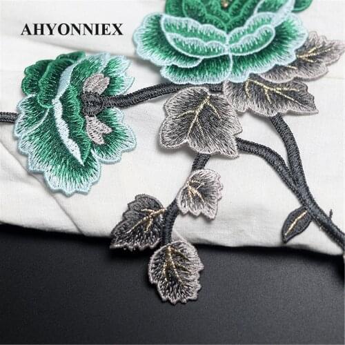 AHYONNIEX Mirror Image Soft Peony flower Patch Embroideried Sticker Sew on Patches for Clothing Applique DIY Clothes Accessories
