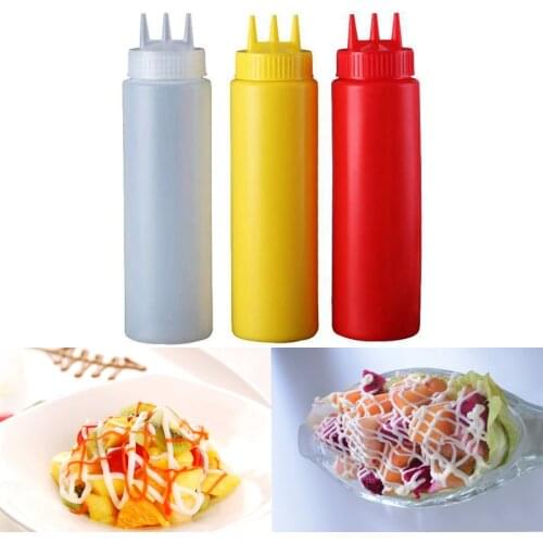 Hot Sale 3 Holes 350ml Twist Cap Squeeze Bottle Food Grade Plastic Ketchup Mustard Mayo Sauces Olive Oil Bottles Kitchen Gadgets