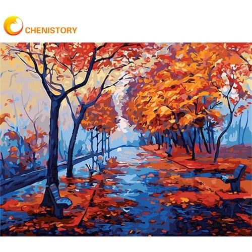 CHENISTORY 60x75cm Frame Paint By Numbers For Adults Handmade Maple Tree Street Landscape Picture By Number Home Wall Crafts